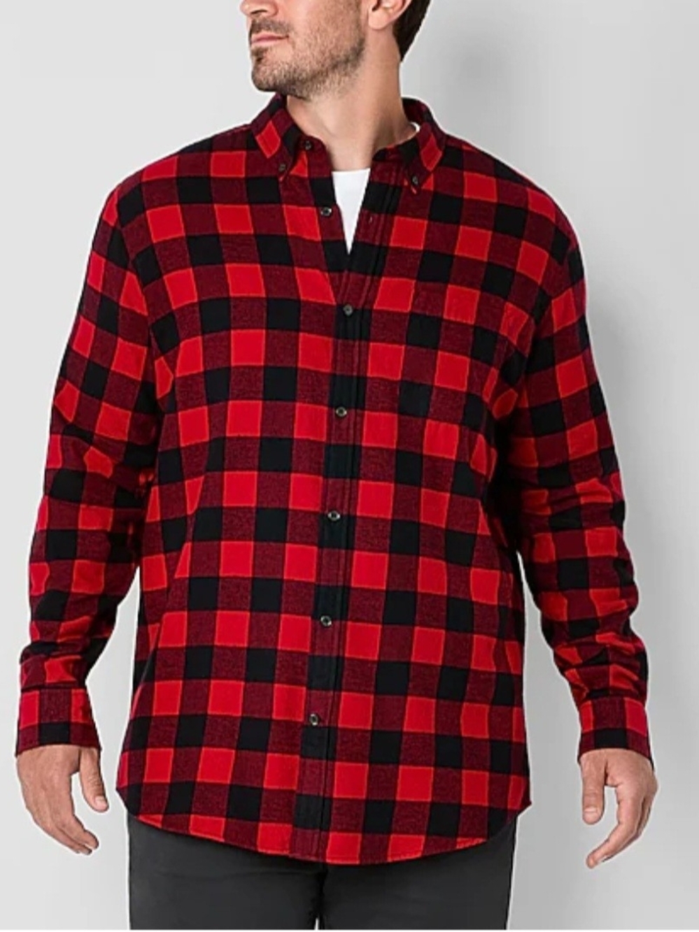 St John's Bay (Men's Large Tall) Red Black Plaid Cotton Flannel Button-Up Shirt